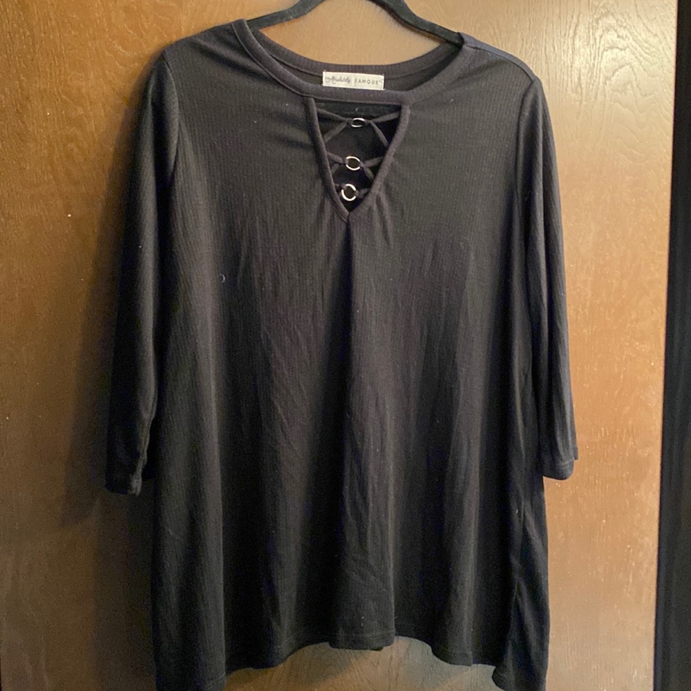 Absolutely Famous Brand Rib Knit 3/4 Sleeve Tee Silver Ring detail Sz 1X NWT